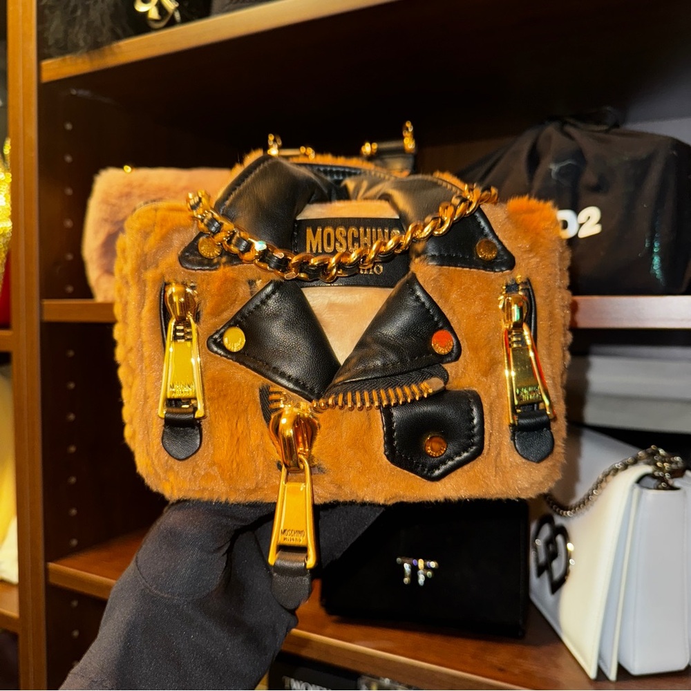Moschino Faux Fur Biker Shoulder Chain Bag